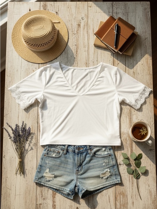 SHEIN Tops - Women’s White V-Neck Lace Sleeve Top